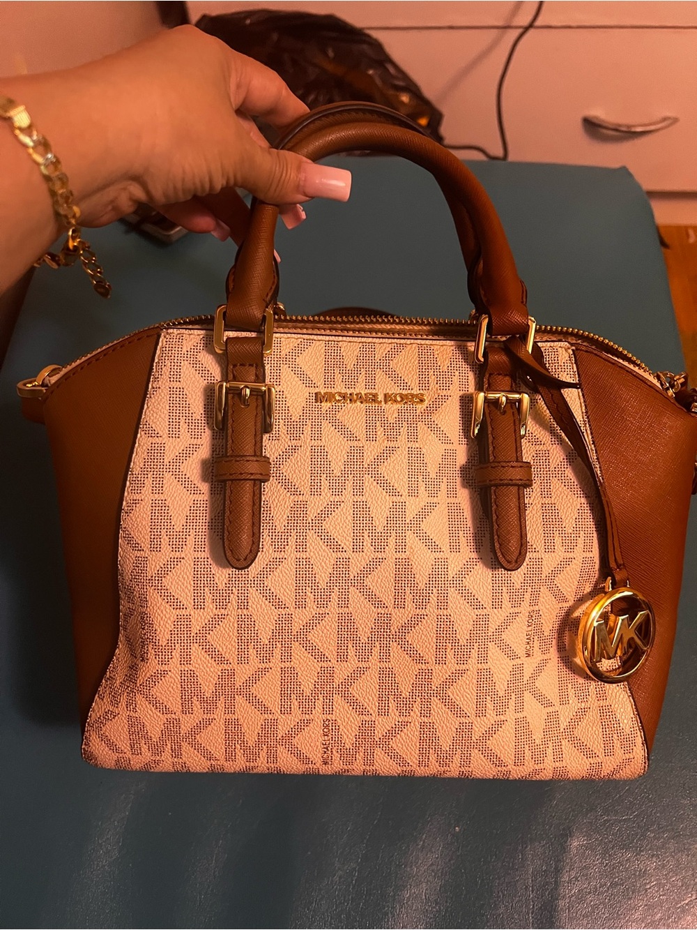 Michael Kors Vanilla and Brown Logo Dome Satchel